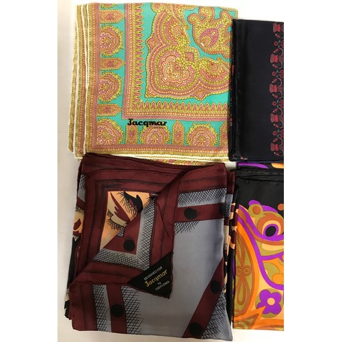 931 - Seven Jacqmar scarves 6 of which are silk, three designed by Tseklenis ranging in size from 50cm squ... 