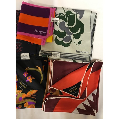 931 - Seven Jacqmar scarves 6 of which are silk, three designed by Tseklenis ranging in size from 50cm squ... 