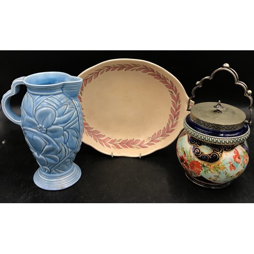 343 - Ceramics to include a W Wood & Co biscuit barrel with EPNS Lid and fancy handle with a painted bowl,... 