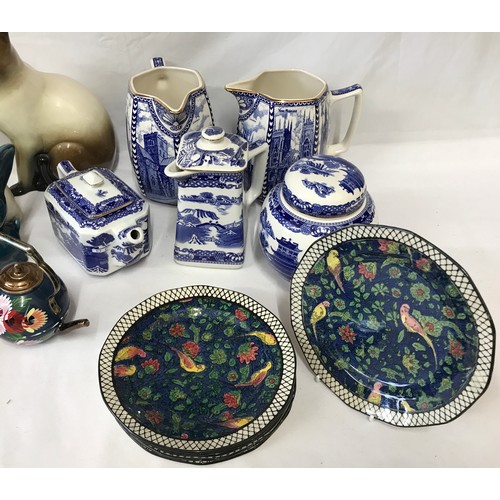 258 - Ceramics to include Rington's blue and white teapot, 2 x jugs 16cm h, ginger jar and 2 other Rington... 