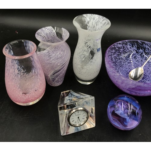 401 - A selection of Caithness glass to include four vases, a bowl, a candle holder, a clock, a small spoo... 