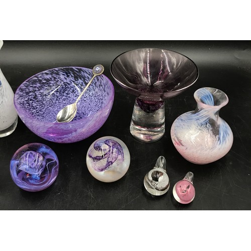 401 - A selection of Caithness glass to include four vases, a bowl, a candle holder, a clock, a small spoo... 