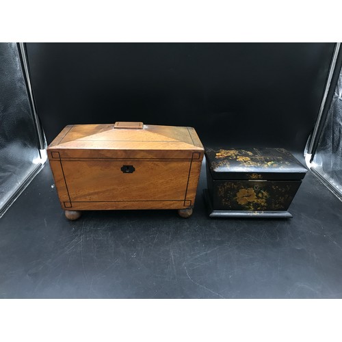 998 - Two wooden boxes, one laquered/hand painted with fitted lined interior, the other a mahogany sarcoph... 