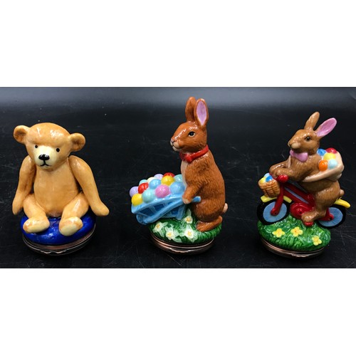 449 - Three Halcyon Days Enamels Bonbonnieres to include 'Bunny with Wheelbarrow' 2005 with certificate, B... 