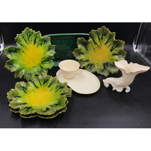 263 - Ceramics to include four Bretby leaf shaped majolica plates, a green sandwich plate 32cm l, a Bellee... 