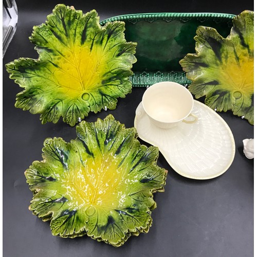 263 - Ceramics to include four Bretby leaf shaped majolica plates, a green sandwich plate 32cm l, a Bellee... 