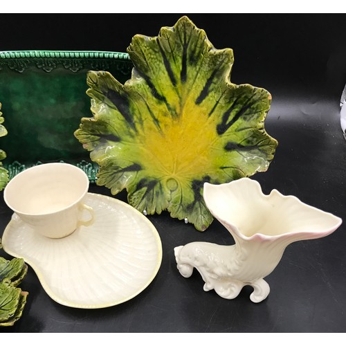 263 - Ceramics to include four Bretby leaf shaped majolica plates, a green sandwich plate 32cm l, a Bellee... 