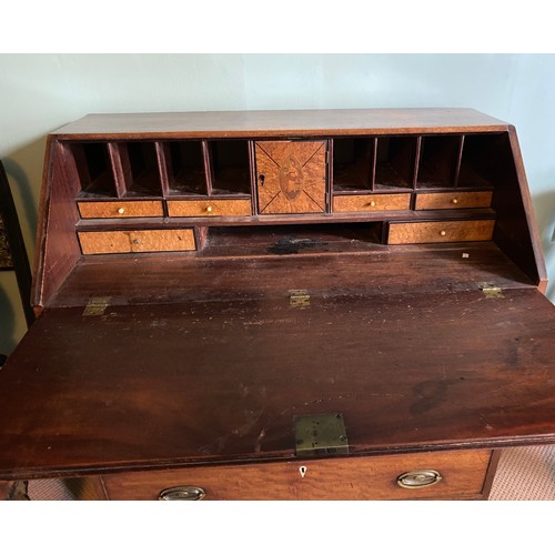 105 - Early 19thc mahogany bureau with burr-elm interior. 109 h x 99 w x 50cm d.
Ivory declaration submiss... 