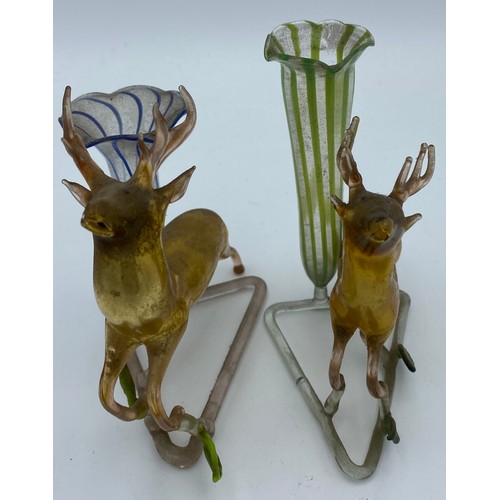 413 - Two early 20thC lampworked glass vases, one in yellow one in green both with applied glass deer, 10.... 