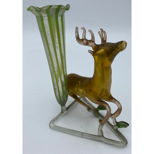 413 - Two early 20thC lampworked glass vases, one in yellow one in green both with applied glass deer, 10.... 