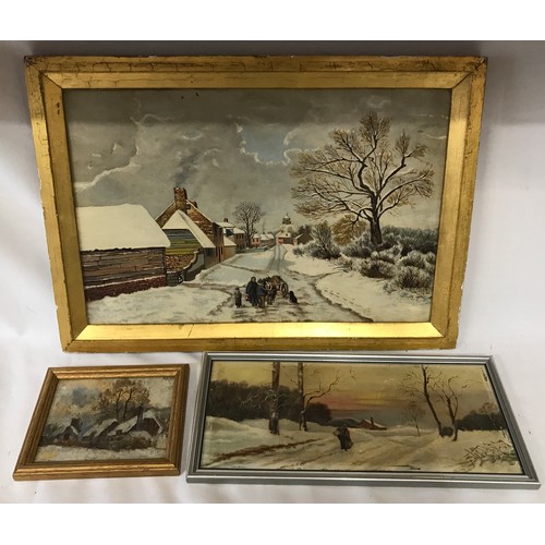 1541 - Three paintings depicting outdoor snowy winter scenes largest image on canvas and signed S. Whiteley... 