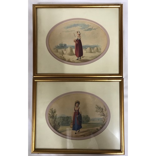 1543 - Two watercolours of 18thC ladies in rural settings in gilt frames with oval mounts. No signatures vi... 