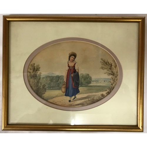 1543 - Two watercolours of 18thC ladies in rural settings in gilt frames with oval mounts. No signatures vi... 