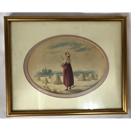 1543 - Two watercolours of 18thC ladies in rural settings in gilt frames with oval mounts. No signatures vi... 