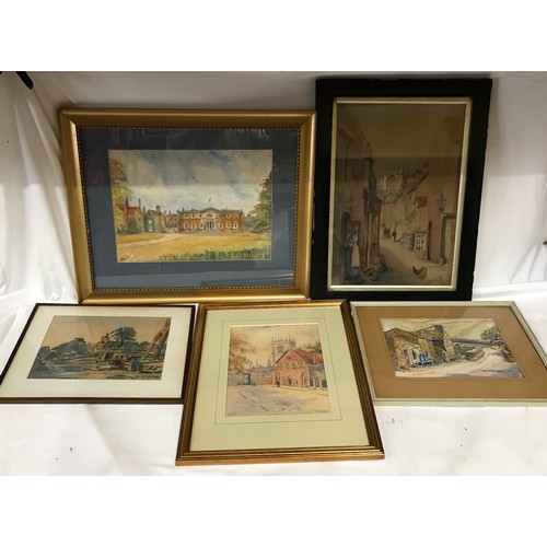 1549 - Collection of 5 watercolours to include one of Thwaite, signature indistinct, one of a street scene ... 