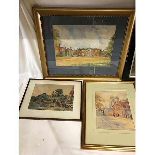 1549 - Collection of 5 watercolours to include one of Thwaite, signature indistinct, one of a street scene ... 