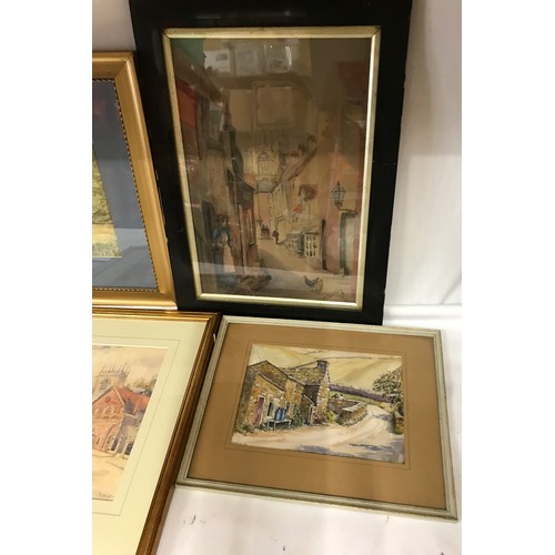 1549 - Collection of 5 watercolours to include one of Thwaite, signature indistinct, one of a street scene ... 