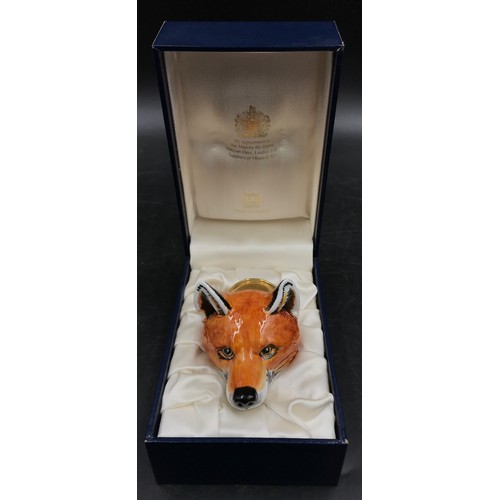 234 - Halcyon Days enamel box, fox head stirrup cup, inspired by a Derby porcelain original from the 1820'... 