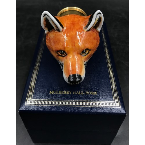 234 - Halcyon Days enamel box, fox head stirrup cup, inspired by a Derby porcelain original from the 1820'... 