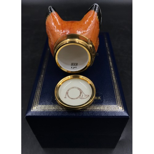 234 - Halcyon Days enamel box, fox head stirrup cup, inspired by a Derby porcelain original from the 1820'... 