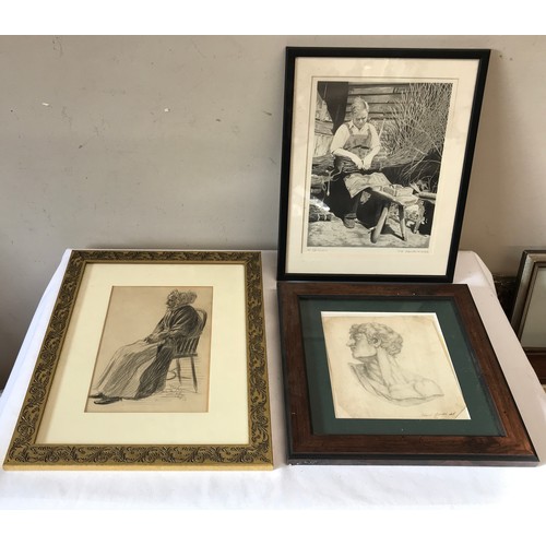 1544 - Three framed pencil sketches to include a bust portrait by Edward Burton image 18 x 18cm, 'The Broom... 