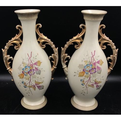 254 - A pair of 19thC vases with painted flowers to front and back with gold gilt handles.