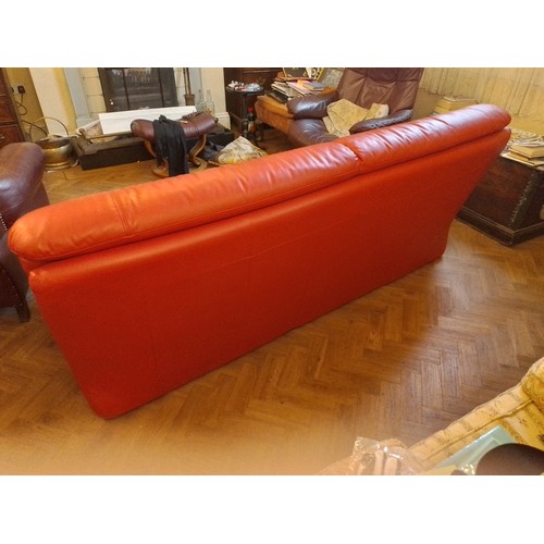 97 - Red leather 1970's sofa with tapering stainless steel legs to front, 83cm h x 200cm l x 95cm w, seat... 