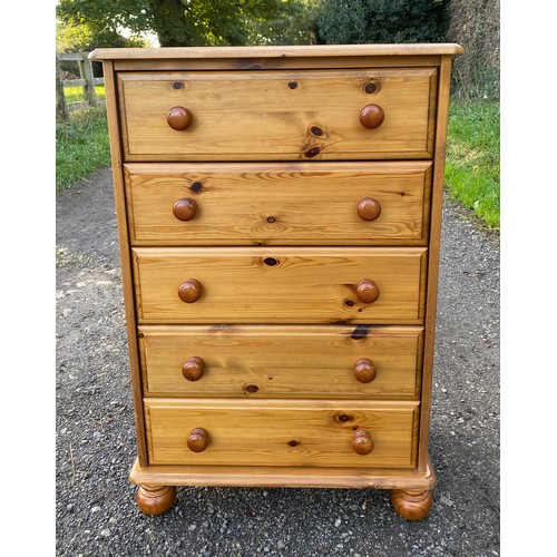 101 - Narrow Pine Chest of Drawers with 5 drawers and bun feet. 100 x 67 x 39.5cm deep.