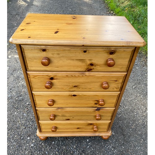 101 - Narrow Pine Chest of Drawers with 5 drawers and bun feet. 100 x 67 x 39.5cm deep.