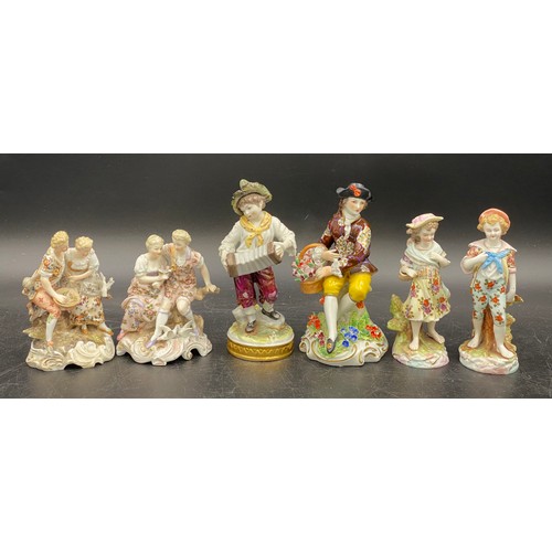 255 - Six 19thC Continental porcelain figurines to include two pairs of figurines and two others. Tallest ... 