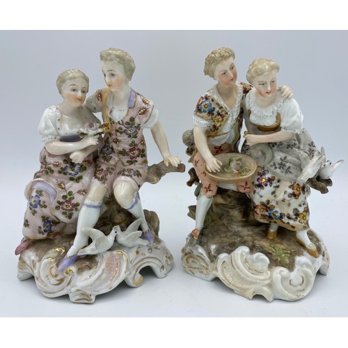 255 - Six 19thC Continental porcelain figurines to include two pairs of figurines and two others. Tallest ... 