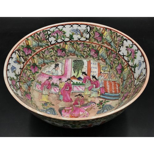 244 - Chinese Canton porcelain famille rose decorated punch bowl. Six character marks to base