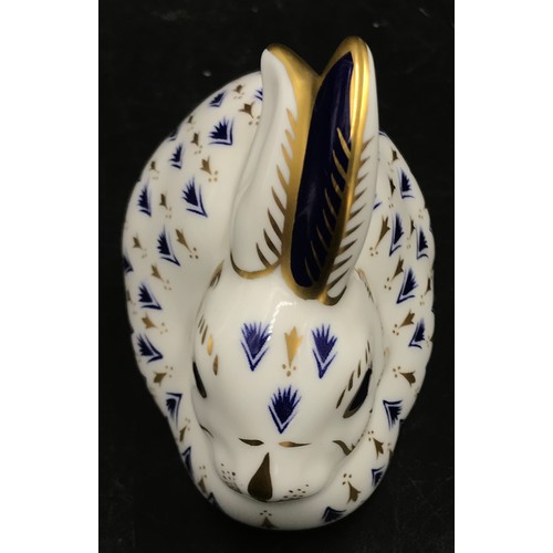 252 - Two Royal Crown Derby animal paperweights a cat 14cm h and a rabbit 8cm h both with gold stoppers.