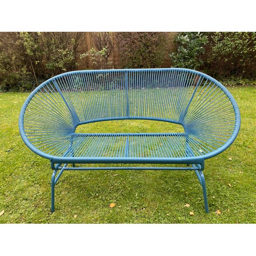 225 - A blue plastic and metal stringed bench. 144 w x 80cm h.