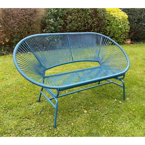 225 - A blue plastic and metal stringed bench. 144 w x 80cm h.