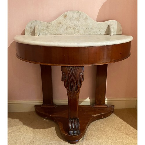 134 - A marble topped demi-lune mahogany washstand. 70 cm h to surface, 88cm to top x 89cm w x 46cm d.