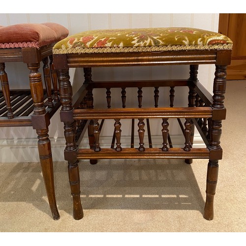 141 - Two Edwardian mahogany piano stools. Red cushion 40.5 w x 33 d x 57cm h.