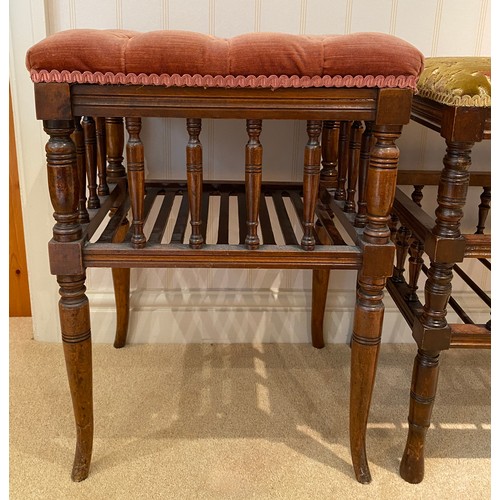 141 - Two Edwardian mahogany piano stools. Red cushion 40.5 w x 33 d x 57cm h.