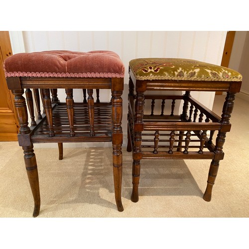 141 - Two Edwardian mahogany piano stools. Red cushion 40.5 w x 33 d x 57cm h.