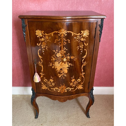 149 - A mahogany marquetry inlaid music cabinet with metal mounts. 96 h x 56 w x 40cm d.