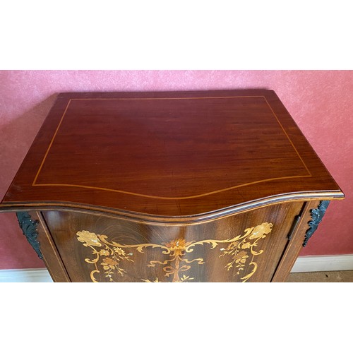 149 - A mahogany marquetry inlaid music cabinet with metal mounts. 96 h x 56 w x 40cm d.