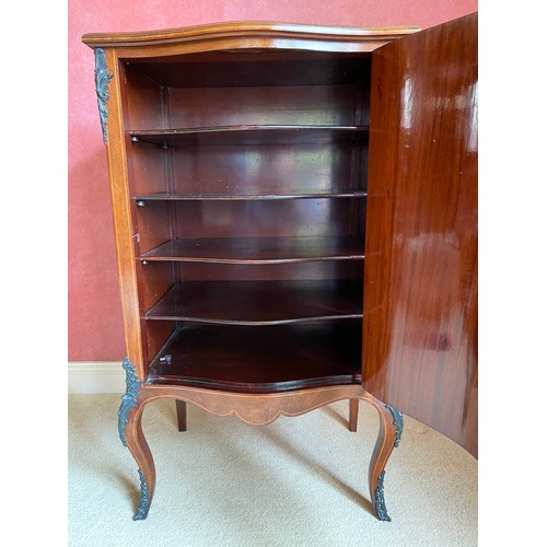 149 - A mahogany marquetry inlaid music cabinet with metal mounts. 96 h x 56 w x 40cm d.