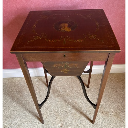 150 - A hand painted Edwardian mahogany inlaid sewing table. 40.5 w x 35 d x 72cm h.