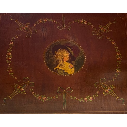 150 - A hand painted Edwardian mahogany inlaid sewing table. 40.5 w x 35 d x 72cm h.