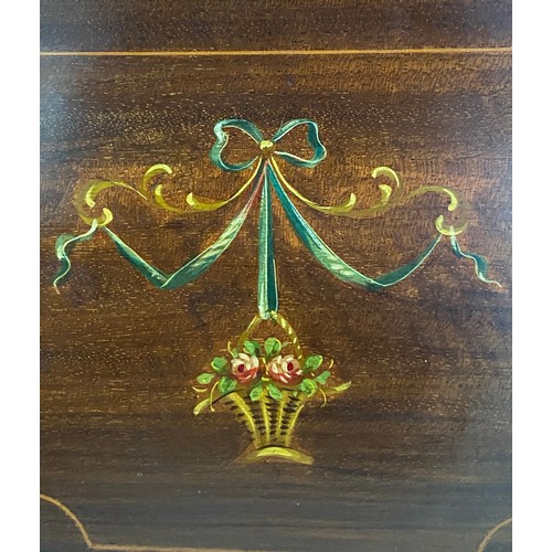 150 - A hand painted Edwardian mahogany inlaid sewing table. 40.5 w x 35 d x 72cm h.