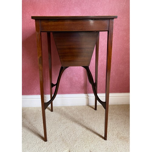 150 - A hand painted Edwardian mahogany inlaid sewing table. 40.5 w x 35 d x 72cm h.