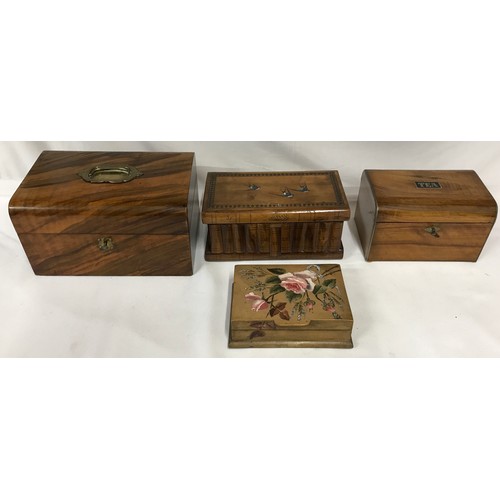 996 - Collection of four wooden boxes to include 19thC box with brass handle and cushioned inner lid with ... 