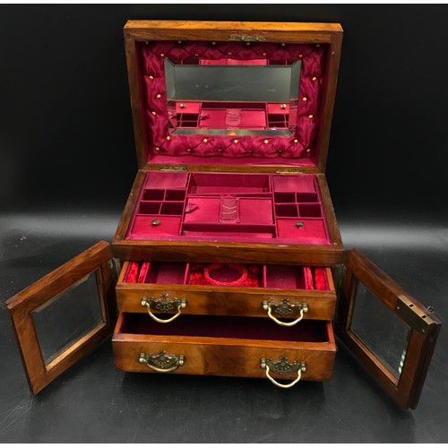 997 - A 19thC walnut sewing and jewellery box with fitted red silk and velvet interior. Two inner drawers ... 