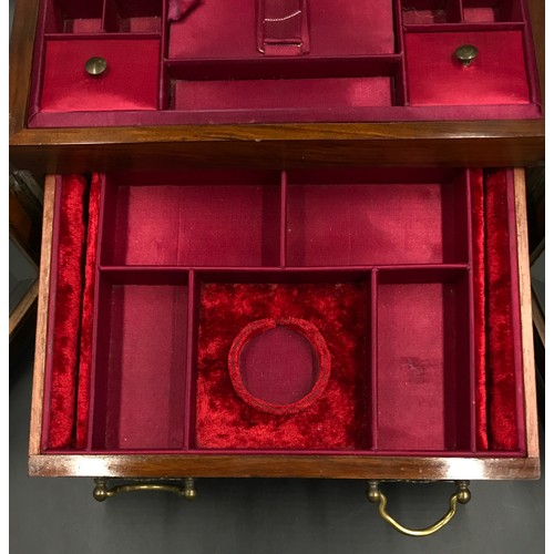 997 - A 19thC walnut sewing and jewellery box with fitted red silk and velvet interior. Two inner drawers ... 