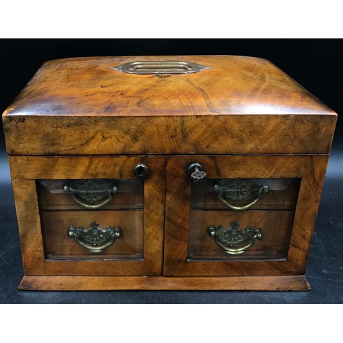 997 - A 19thC walnut sewing and jewellery box with fitted red silk and velvet interior. Two inner drawers ... 